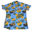 Load image into Gallery viewer, A short-sleeve button-up Hawaiian shirt laid flat on a white surface. The shirt features a tropical print with yellow and orange hibiscus flowers, green palm leaves, and yellow Jeep Wrangler vehicles over a light blue background.

