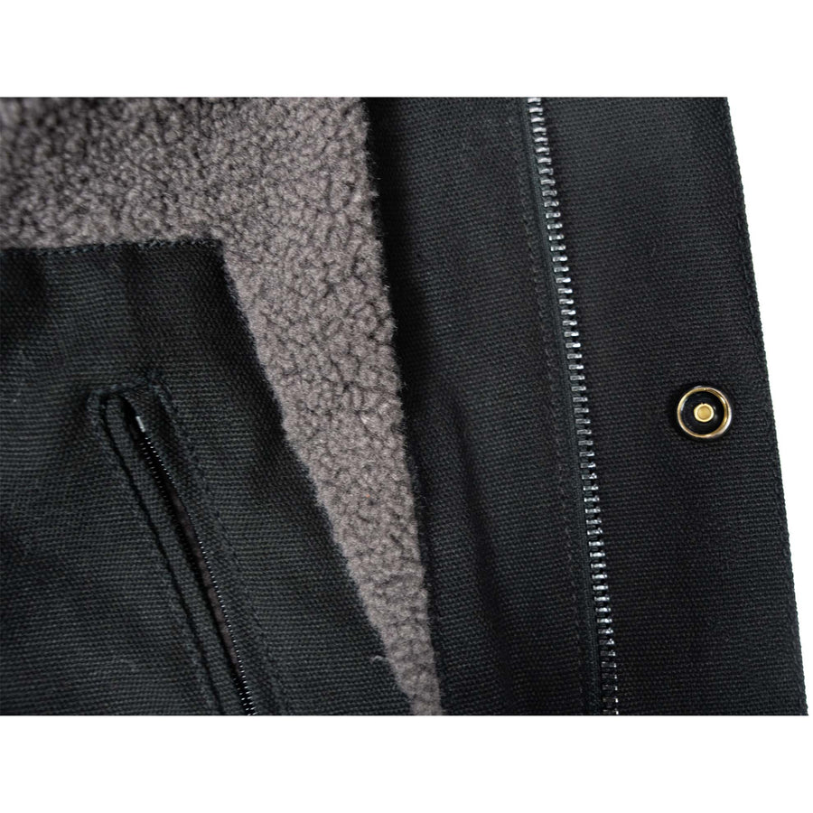 Showcase of interior and zipper of the winter canvas jacket